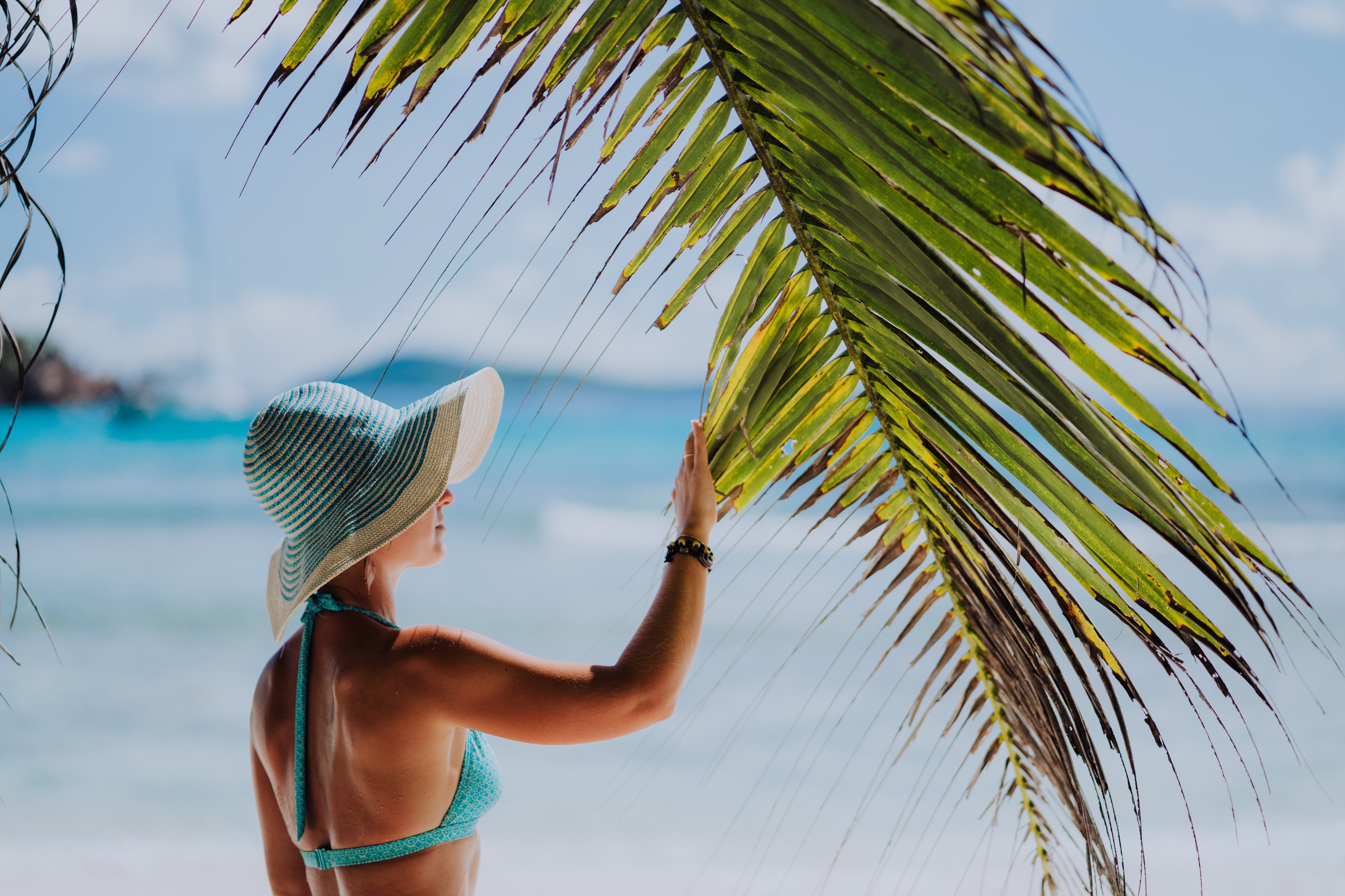 woman-on-the-beach-touching-palm-tree-leaf-shadow--MWPAZXL