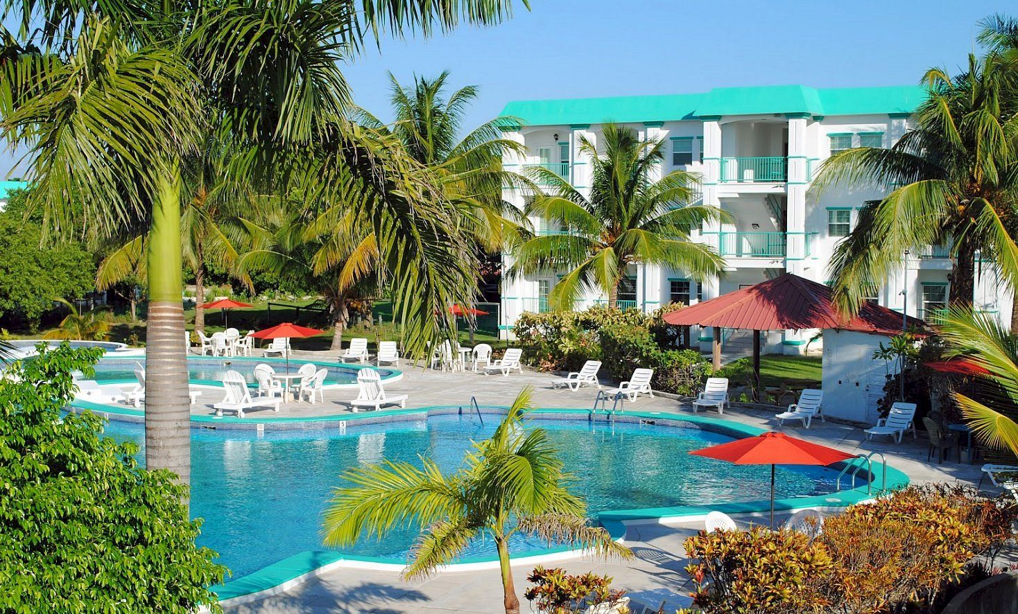 A sunny resort scene with a large turquoise pool, palm trees, patio chairs, umbrellas, and a bright white building with teal accents.