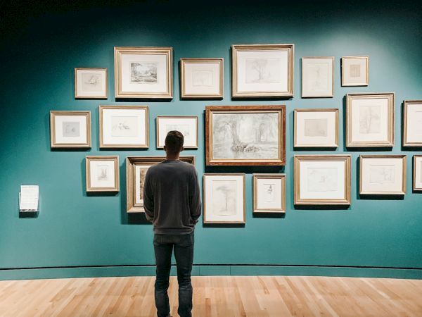 A person stands in a gallery looking at many framed landscape sketches and prints on a teal wall, admiring the art.