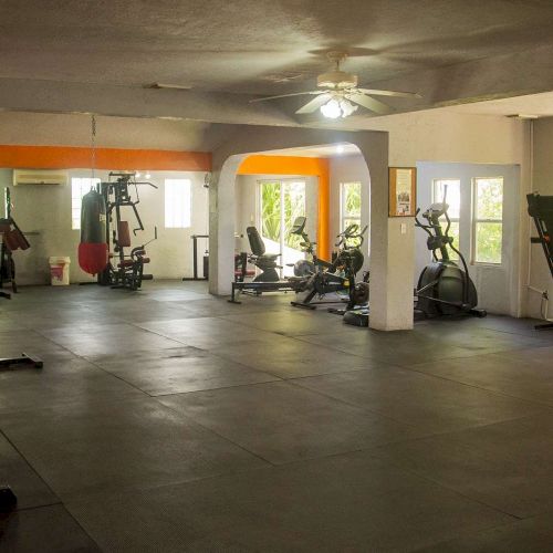 An empty gym with weight machines, cardio equipment, and exercise balls under ceiling fans and bright windows.