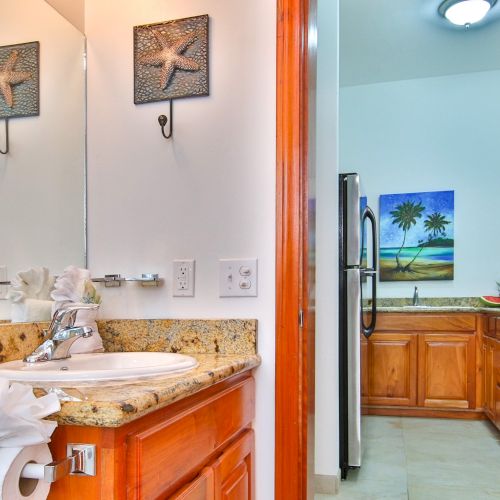 A bright bathroom with a granite vanity and sink, plus a view into a kitchen with a refrigerator, island, and tropical wall art.