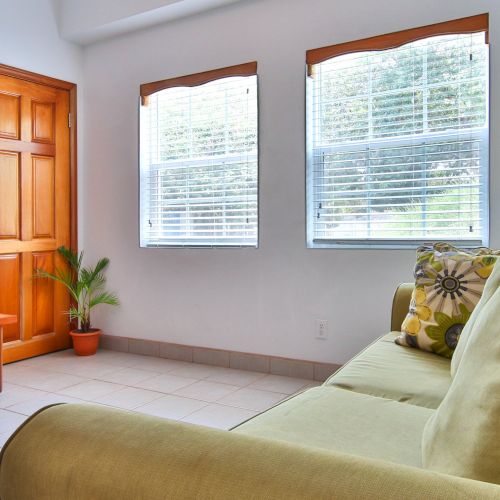 A bright living room with a green sofa, wall TV, wooden door, two window blinds, and a floor lamp.