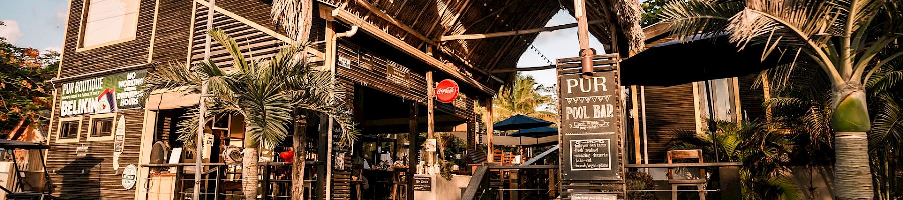 Tropical “PUR” bar with a thatched roof and signs, palm trees, and outdoor seating in sunny weather.